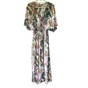 World Market Tropical Palm‎ Leaf Maxi Dress Multicolor Boho Kimono Style Sz X/XL